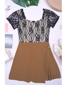 Lace Overlay Square Neck Top Side Pleated Skirt Playsuit (Black + Brown)